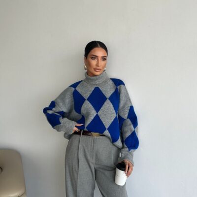 baklava desen kazak mavi