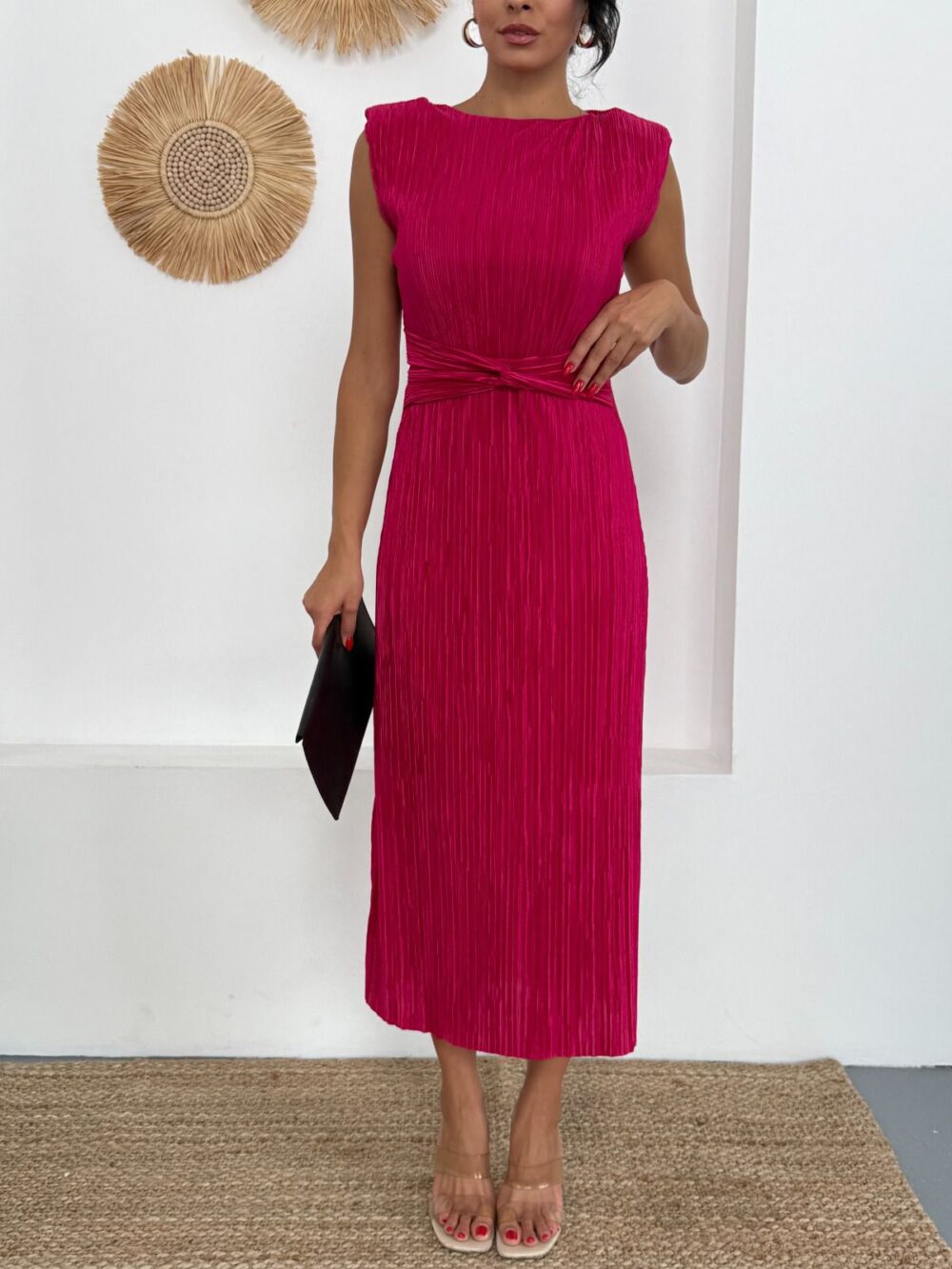 Fuşya pliseli midi elbise - Görsel 5
