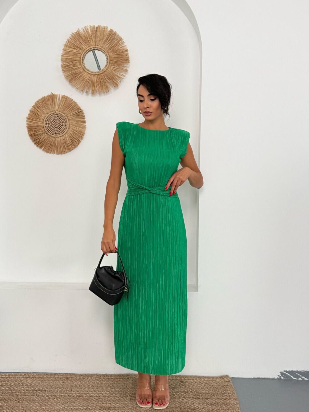 Zümrüt yeşili pliseli midi elbise - Görsel 5